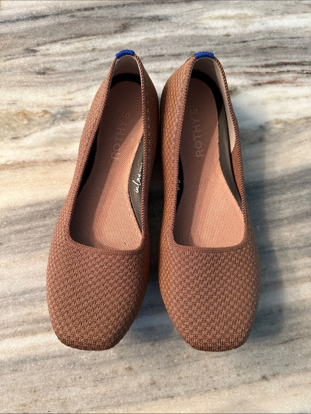 Rothy's Brown Knit Ballet Flats with Blue Heel Tab
